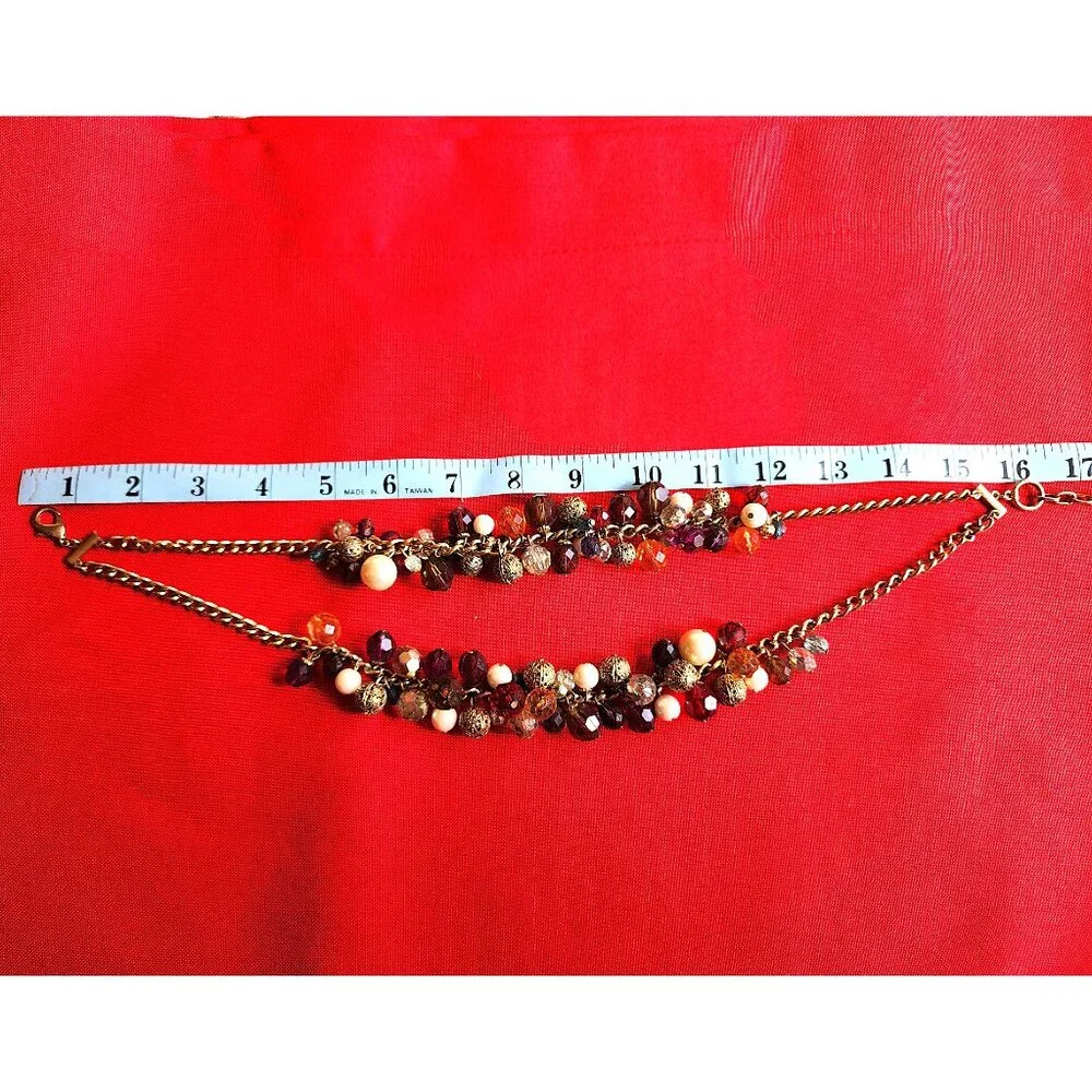 Cluster Necklace in Multi Color Beads -2 Strand Chunky Gold-Tone -18in - Picture 2 of 7